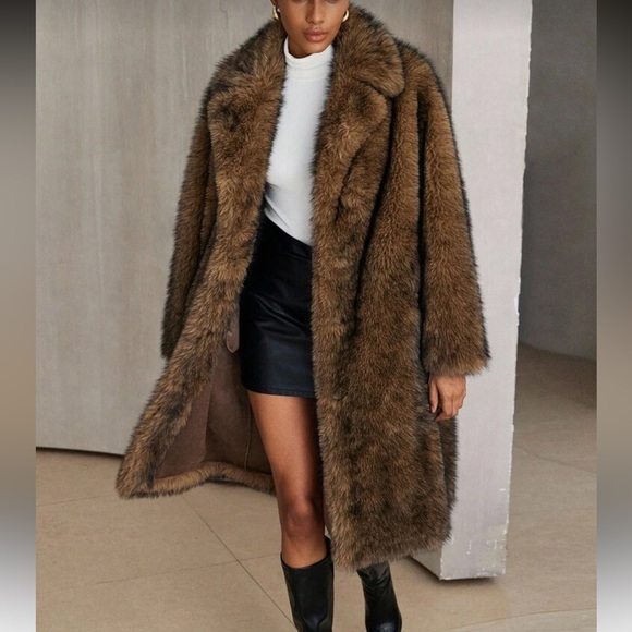 3 LEFT ❤️ Vintage Style Faux Fur Jacket Chocolate Brown Mid Length Winter Jacket - Picture 5 of 8